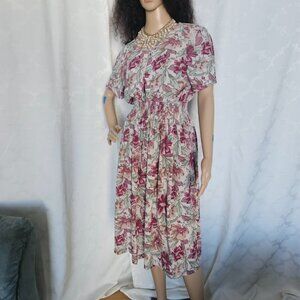 ** Carelina Vintage Floral Midi Dress with Smocked Waist**